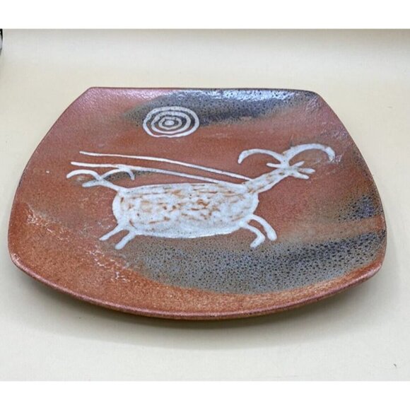 Studio Pottery Artist Native Signed Cave Painting Antelope & Sun 11” X 11” BC - Picture 4 of 12